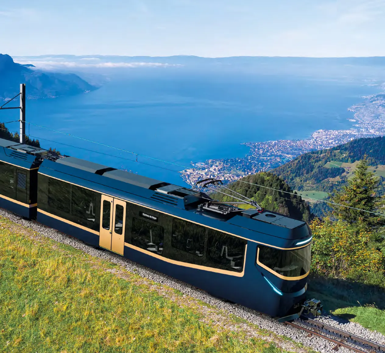 Le nouveau train des Rochers-de-Naye sur la ligne, au-dessus du Léman